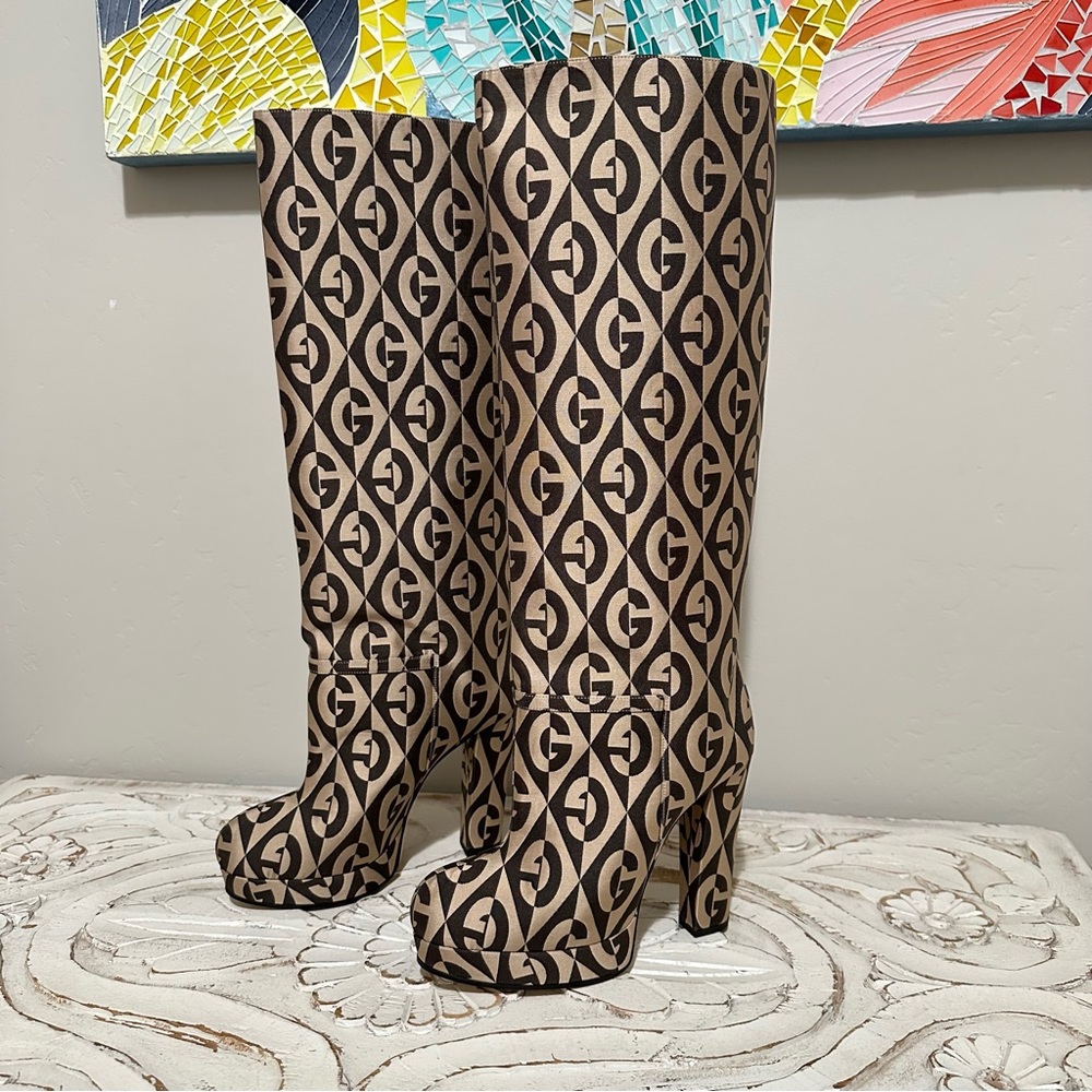 GUCCI Mini Diamonds Knee High Boots Brown/Beige
